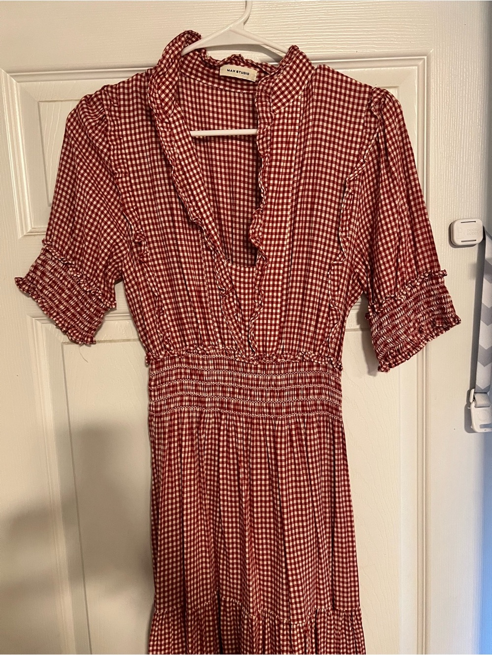Max Studio Red Gingham Smocked-Waist Maxi with Ruffle V-Neck